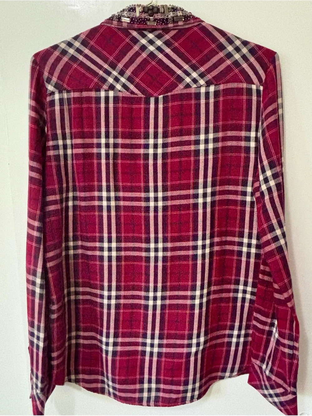 Guess| VTG Red Plaid Snap Down Rodeo Shirt w/Embellished Rhinestone Collar Sz M - Picture 5 of 7